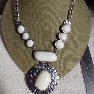 Silvertone white statement runway necklace